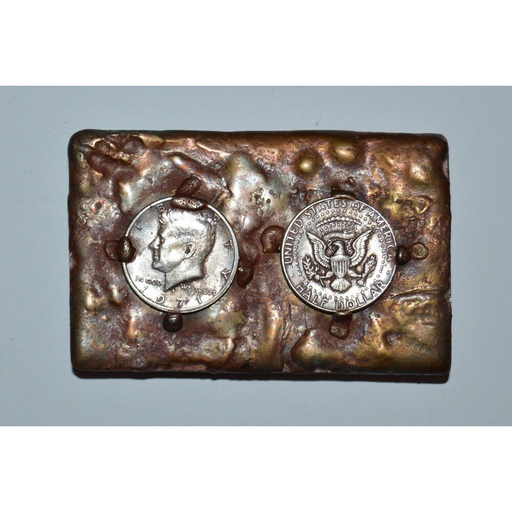 Vintage Large Crude Heavy Steel Coin Collector JFK Brass Tone Belt Buckle RARE